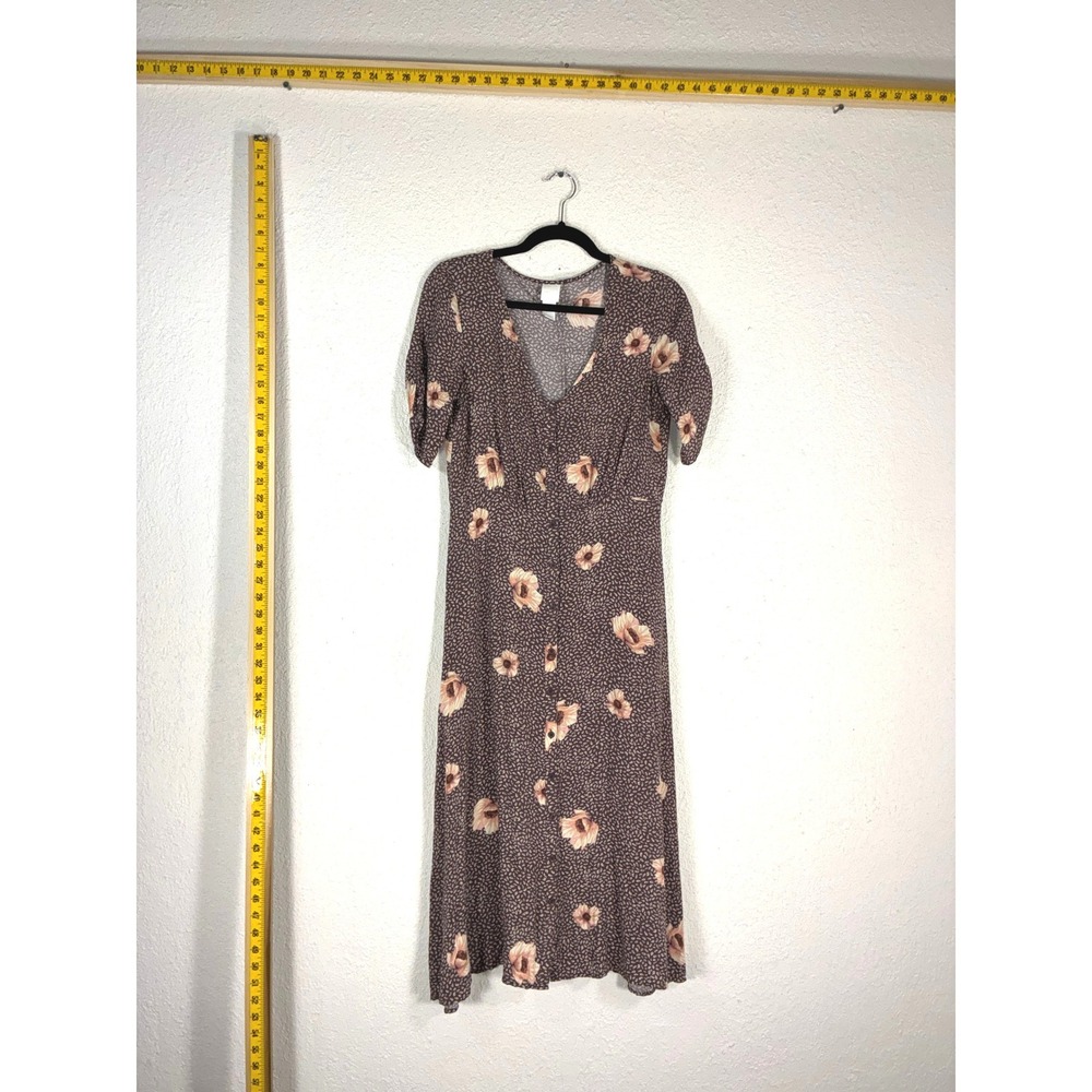 HM Floral Ditsy Print Button Front Midi Dress Brown Pink V-Neck Size 4‎ 07027909